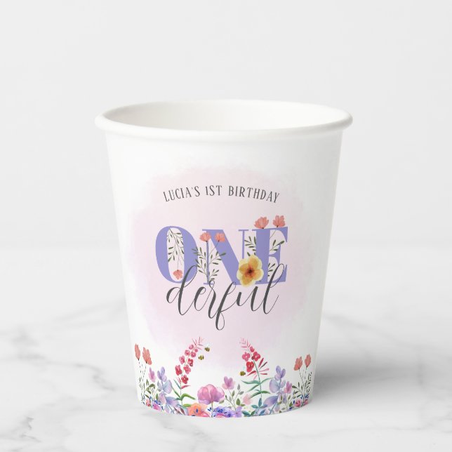 Vasos De Papel Flor silvestre Maravillosa mariposa 1er cumpleaños (Anverso)