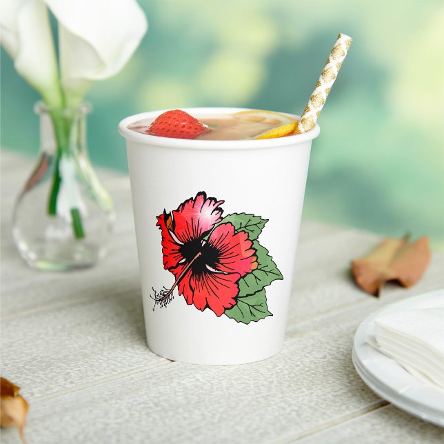 Vasos De Papel Flor tropical roja hibiscus con hojas verdes (Subido por el creador)