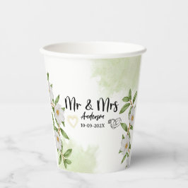 Vasos De Papel Flora blanca y verde acuarela