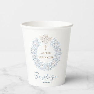 Vasos De Papel Floral Azul Bebé Ángel Cruz Baptismo