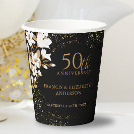 Vasos De Papel Floral Black Gold 50° aniversario Boda