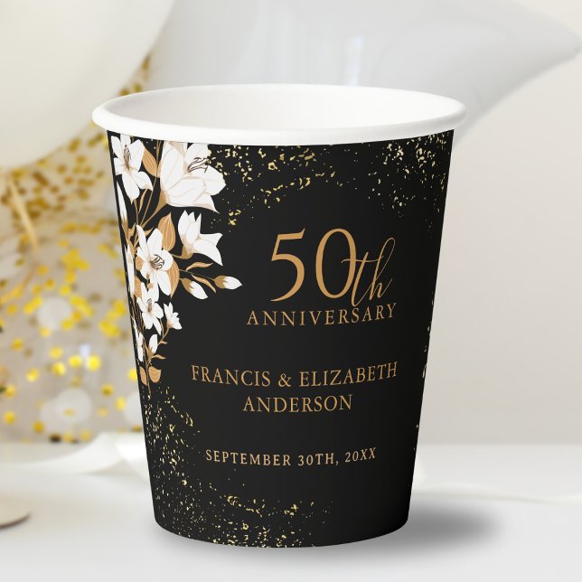 Vasos De Papel Floral Black Gold 50° aniversario Boda (Subido por el creador)