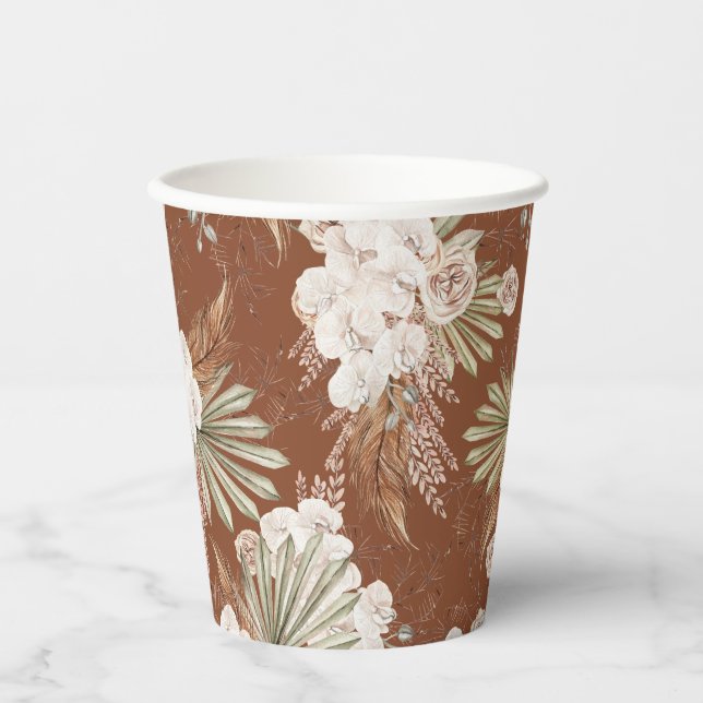 Vasos De Papel Floral Bohemio y Plumas (Anverso)