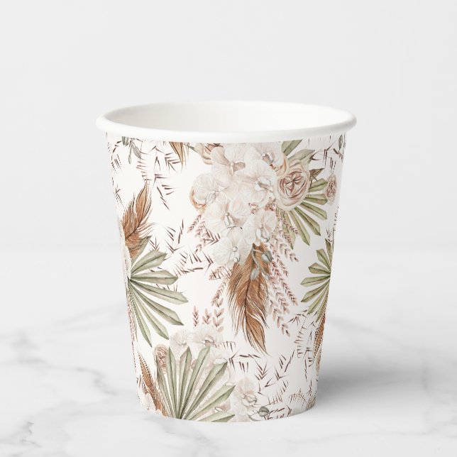 Vasos De Papel Floral Bohemio y Plumas (Anverso)