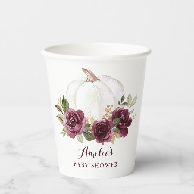 Vasos De Papel Floral Burgundy Pumpkin Fall Baby Shower (Anverso)