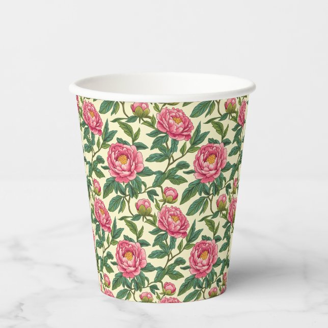 Vasos De Papel Floral Chinoiserie rosa, verde y amarilla (Anverso)
