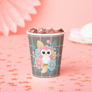 Vasos De Papel Floral de búho rosado moderno y Baby Shower en cua