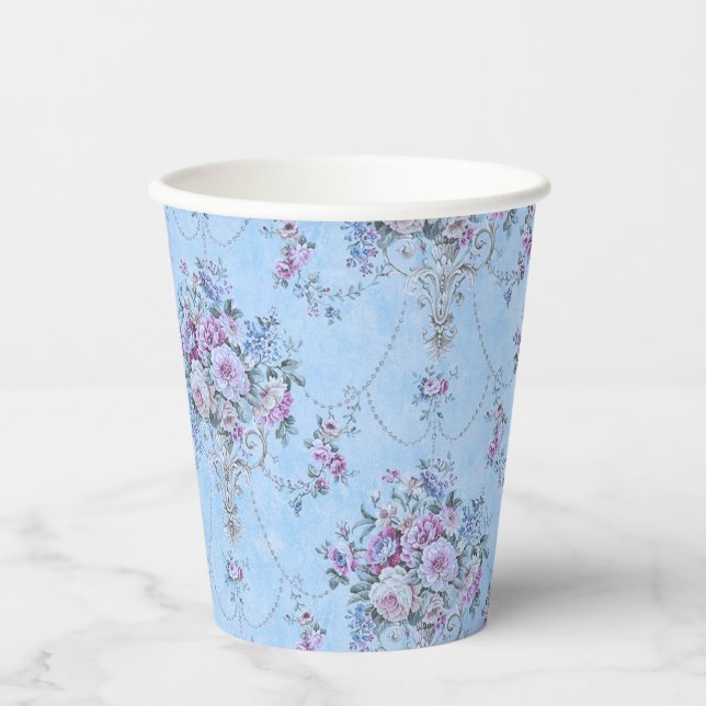 Vasos De Papel Floral de estilo victoriano azul blanco francés (Anverso)