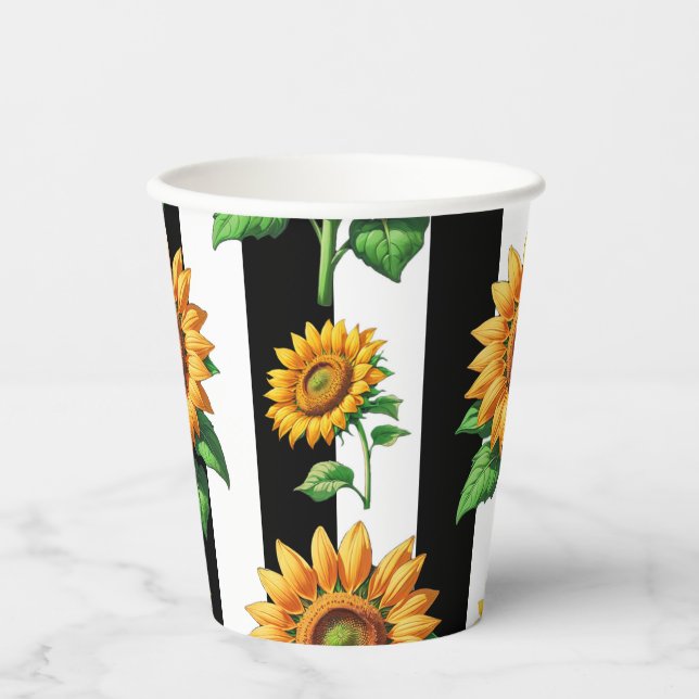Vasos De Papel Floral de girasol franjas blancas negras (Anverso)