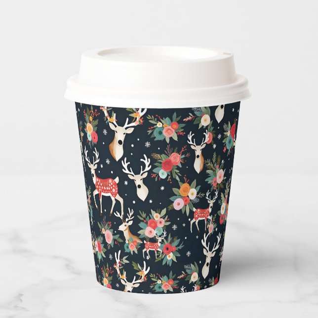 Vasos De Papel Floral de reno de Navidades espléndidos (Anverso)