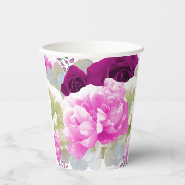 Vasos de papel floral de rosas y peonías (Anverso)