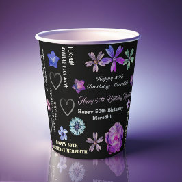 Vasos De Papel Floral Femenina Negra Feliz cumpleaños número 50