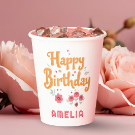 Vasos De Papel Floral Flowers Happy Birthday Handlettering