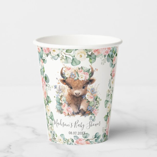 Vasos De Papel Floral Greenery Highland Cow Baby Shower Cumpleaño (Anverso)