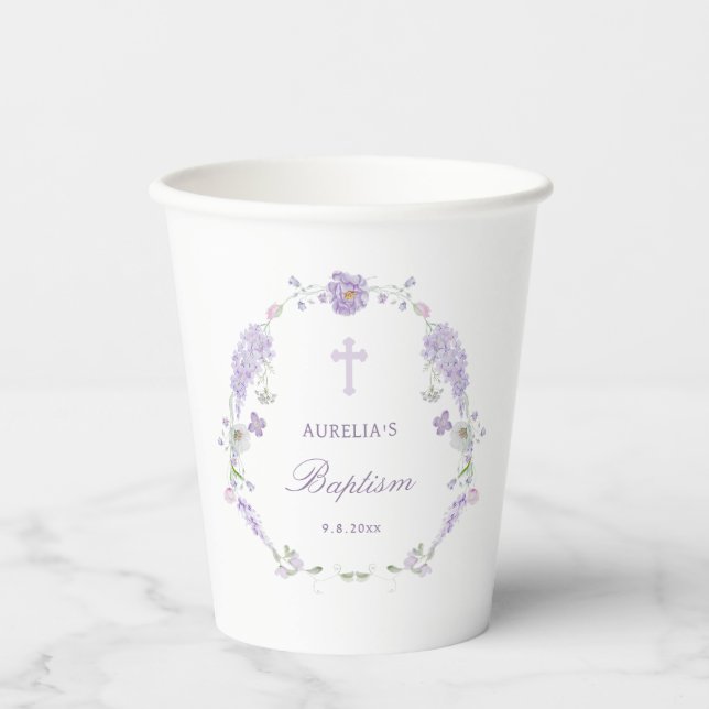 Vasos De Papel Floral Lilac Lavender Wreath Baptism (Anverso)