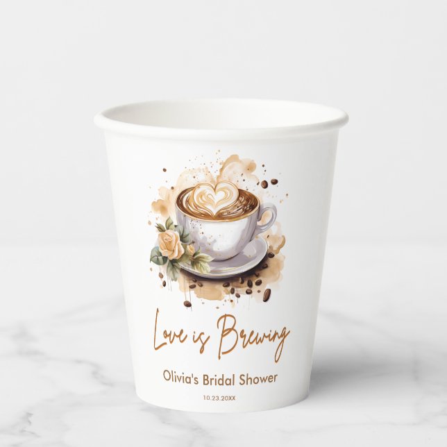 Vasos De Papel Floral Love is Brewing Brown Coffee Bridal Shower (Anverso)