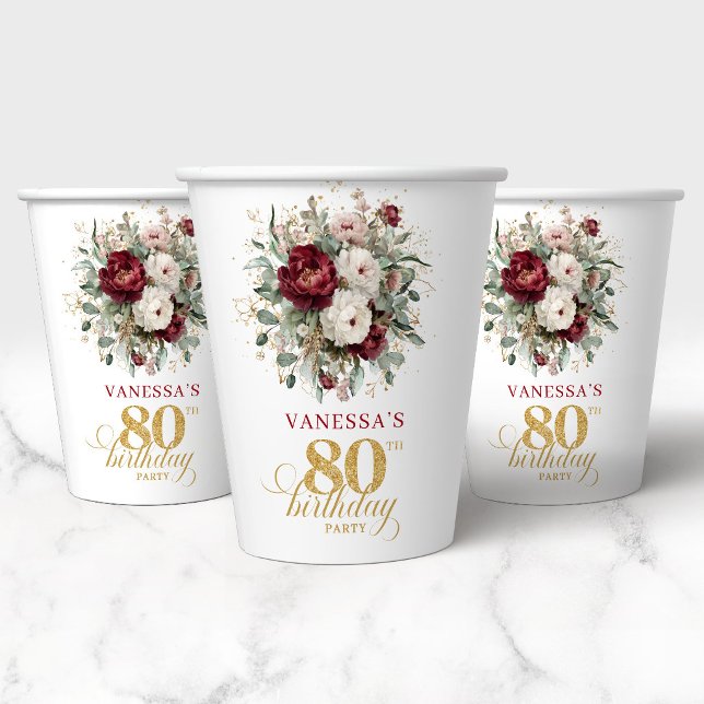 Vasos de Papel Floral Moderno de Borgoña para Cump (Modern Burgundy Floral 80th Birthday Paper Cups)