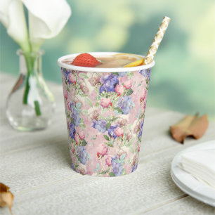 Vasos De Papel Floral Pastel Acuarela Rosa