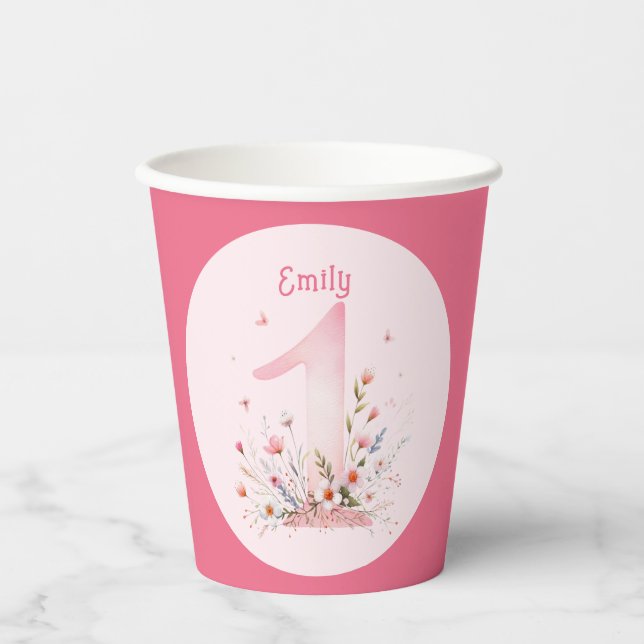Vasos De Papel Floral Primer Personalizado de cumpleaños Una Prin (Anverso)