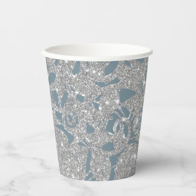 Vasos De Papel Floral Purpurina de plata azul turquesa (Anverso)