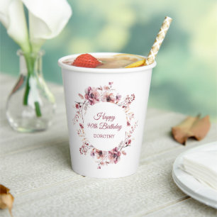Vasos De Papel Floral rosa borgoñona personalizada 90 cumpleaños