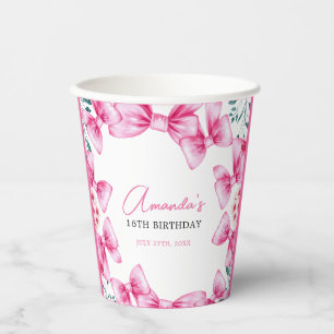 Vasos De Papel Floral Rosa Bow Coquette Sweet 16 Cumpleaños