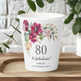 Vasos De Papel Floral rosa de Borgoña 80 cumpleaños