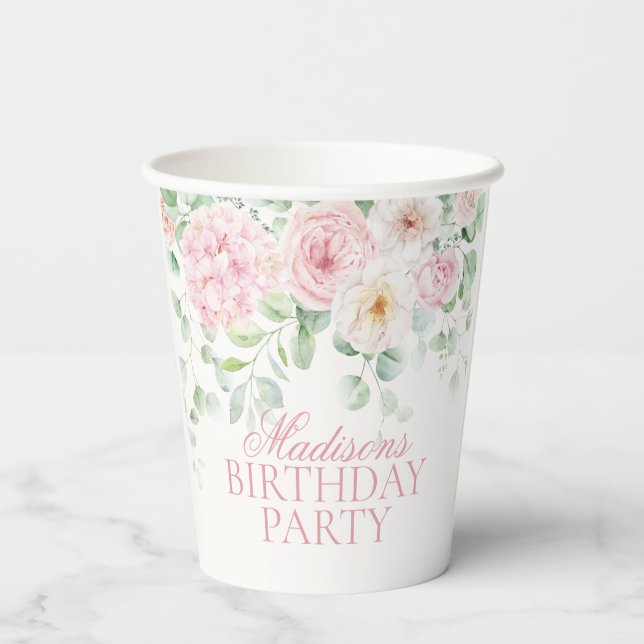 Vasos De Papel Floral rosa Hidrangea Blooms Botánicos Cumpleaños (Reverso )