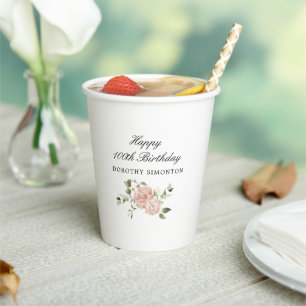 Vasos De Papel Floral rosa rosada ondulada 100 cumpleaños