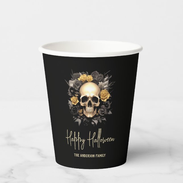 Vasos De Papel Floral Skull Halloween Party (Anverso)