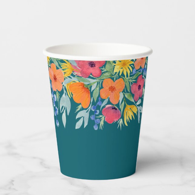 Vasos De Papel Florales acuarelas en Verde azulado (Reverso )