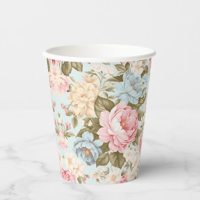 Vasos de Papel Florales Azul Rosa Amarillo (Anverso)