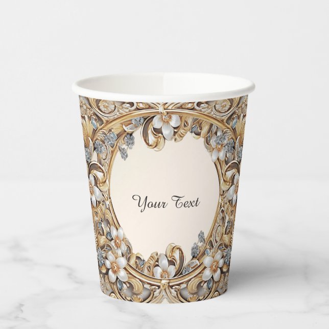 Vasos de Papel Florales Blanco Dorado Decorativos (Izquierda)