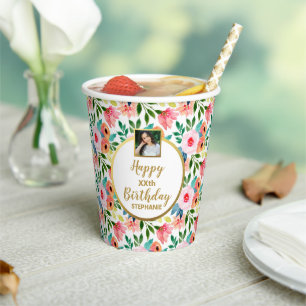 Vasos De Papel Flores acuáticas Personalizado Foto Textos Cumple