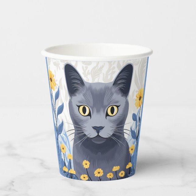Vasos De Papel Flores amarillas de gato azul ruso (Anverso)