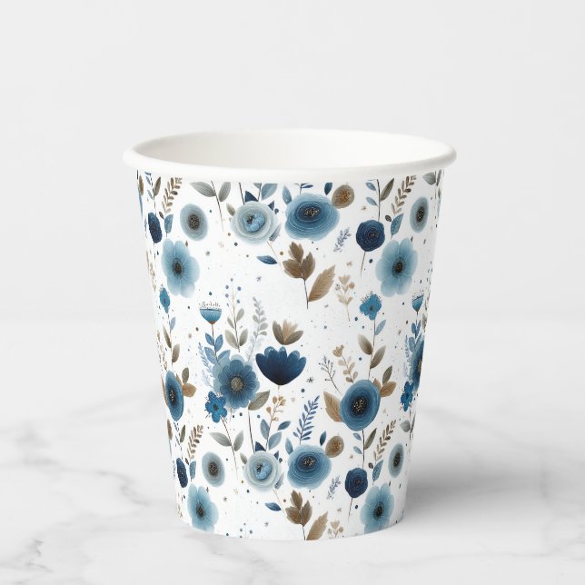 Vasos De Papel Flores azul acuarela elegante patrón floral (Anverso)