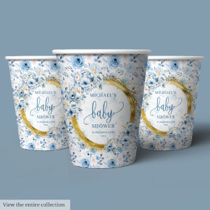 Vasos De Papel Flores azul pastel y dorado personificado bebé