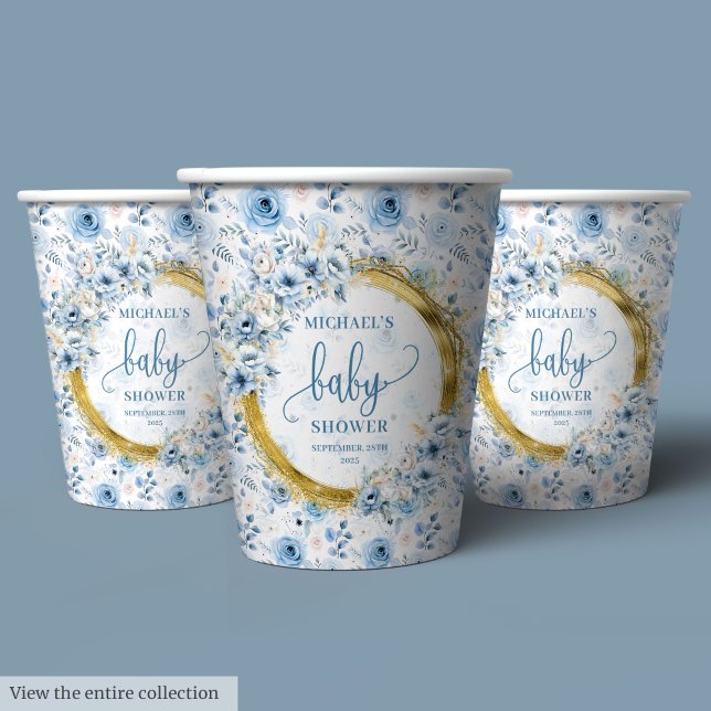 Vasos De Papel Flores azul pastel y dorado personificado bebé (Dainty pastel blue flowers gold personalized baby Paper Cups)