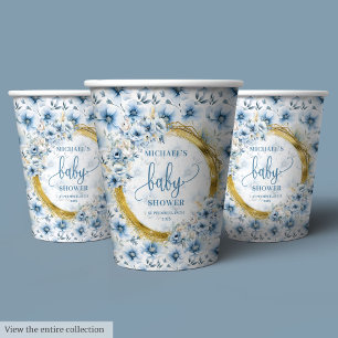 Vasos De Papel Flores azul pastel y dorado personificado bebé