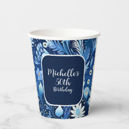 Vasos De Papel Flores Azules Marinos Polvorientos 50 Cumpleaños 
