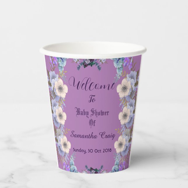 Vasos De Papel Flores Azules Pastel Buds Purple Lilac Baby Shower (Anverso)