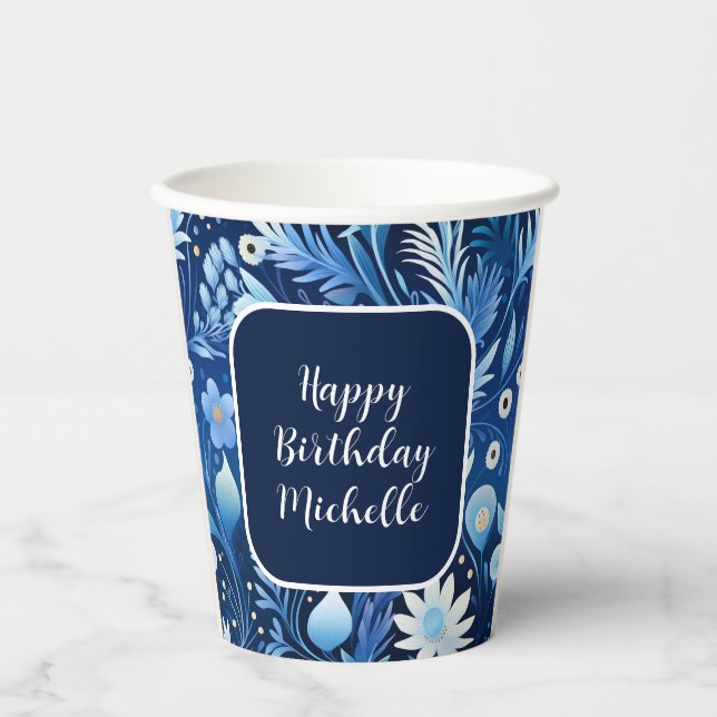 Vasos De Papel Flores Azules Polvorientas de Navy Feliz Cumpleaño (Anverso)