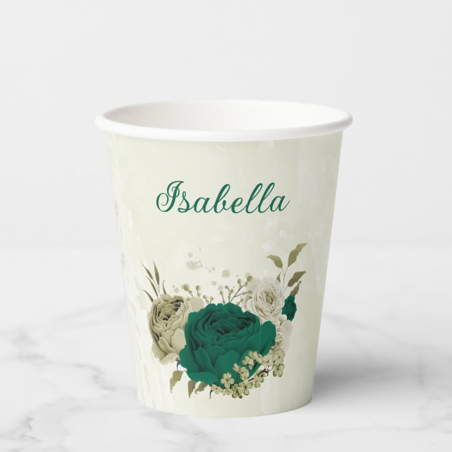 Vasos De Papel flores beige verde esmeralda  (Anverso)