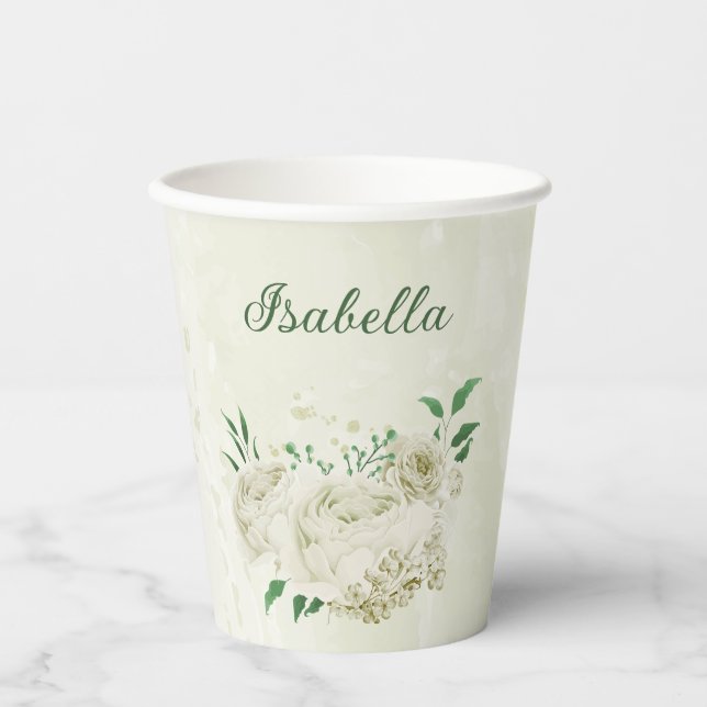 Vasos De Papel Flores blancas crema románticas vegetación (Anverso)