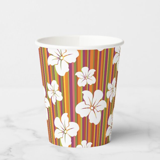 Vasos De Papel Flores blancas en un fondo rayado (Izquierda)