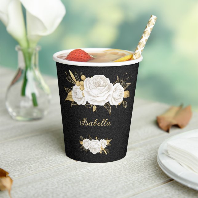 Vasos De Papel flores blancas hojas doradas negras (in situ)