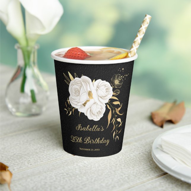 Vasos De Papel flores blancas hojas doradas negro (in situ)