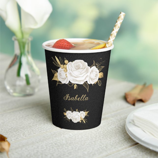 Vasos De Papel flores blancas hojas doradas negro (in situ)