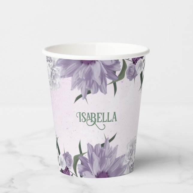 Vasos De Papel Flores blancas moradas románticas (Izquierda)