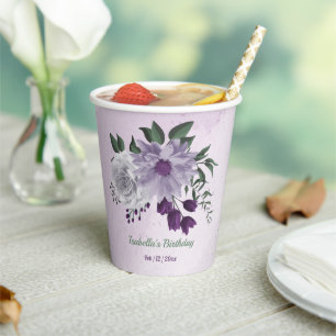 Vasos De Papel Flores blancas moradas románticas y vegetación